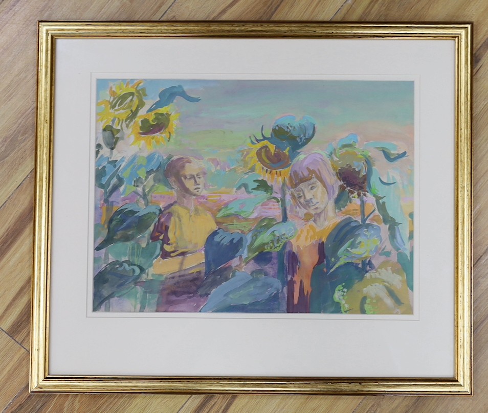 Studio of Phyllis Bray (1911-1991), watercolour and bodycolour, Children with sunflowers, 28 x 38cm